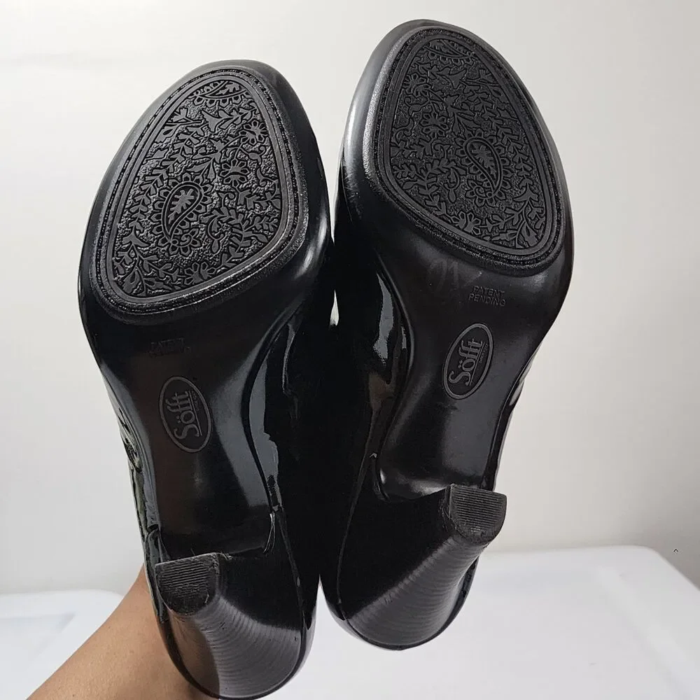 Sofft Fortuna Black Patent Leather Boot Bootie Size 8 Block High Heel Almond Toe